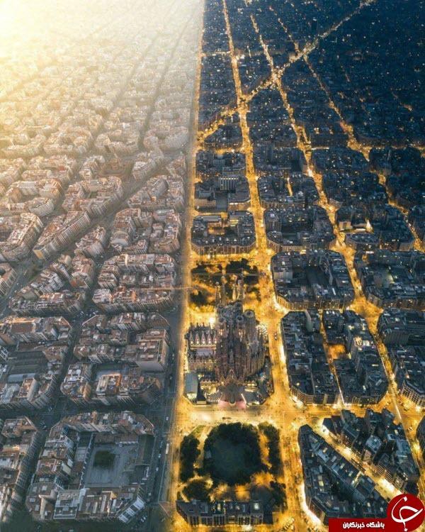 دو تصویر بهم چسبیده و دیدنی از نمای بالای شهر بارسلون در شب و روز