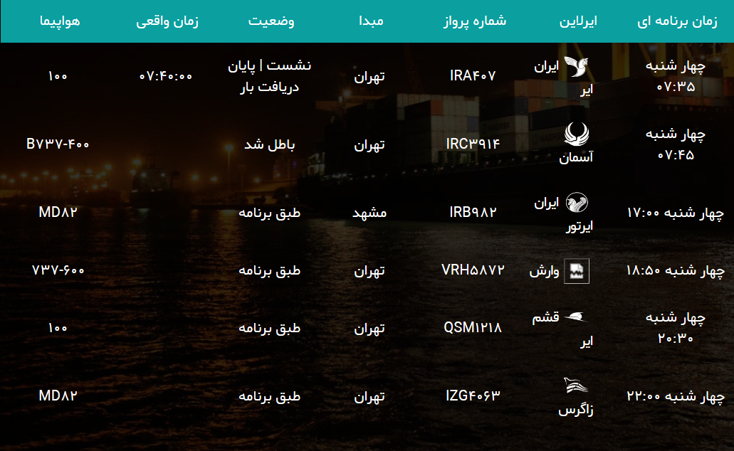 جدول پرواز های فرودگاه بوشهر در 10 مهر 98