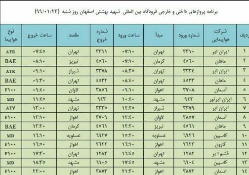 برنامه پرواز های 23 فروردین فرودگاه شهید بهشتی اصفهان